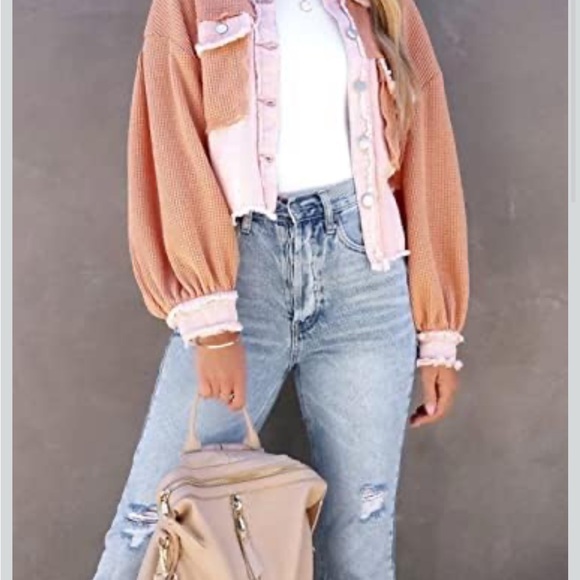 Waffle knit Chic Women's Oversized Orange and Pink Utility Jacket w/pockets - Picture 2 of 13